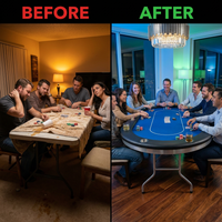 10 Player Foldable Poker Table, Blackjack Texas Holdem Poker Table with Padded Rails and Stainless Steel Cup Holders, Portable Folding Card Board Game Table, 84' Oval Casino Leisure Table — Before & After