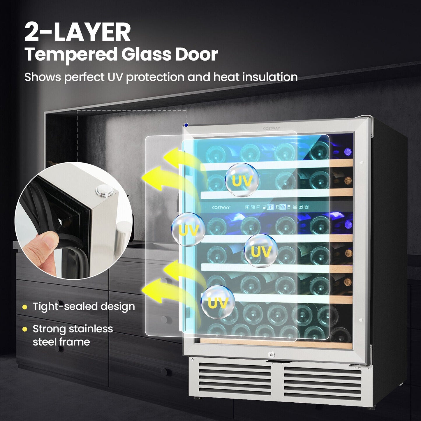 Dual Zone Wine Cooler for 51 Bottles with Reversible Door-Silver