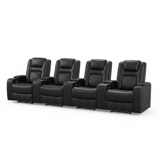 36.22" W Luxury Individual Seat Top Faux Leather Home Theater Seat Recliners Quadruple Seat with USB & Dual Cup Holders & Arm Storage (Set of 4) — Studio Shot