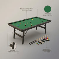 6,7 Foot Foldable Pool Table, Portable Billiards Table for Adults with Full Accessories Set, Mesa De Billar Includes 16 Balls, 2 Cue Sticks, Chalk, Rack & Brush, Game Room Table for Home — infographic