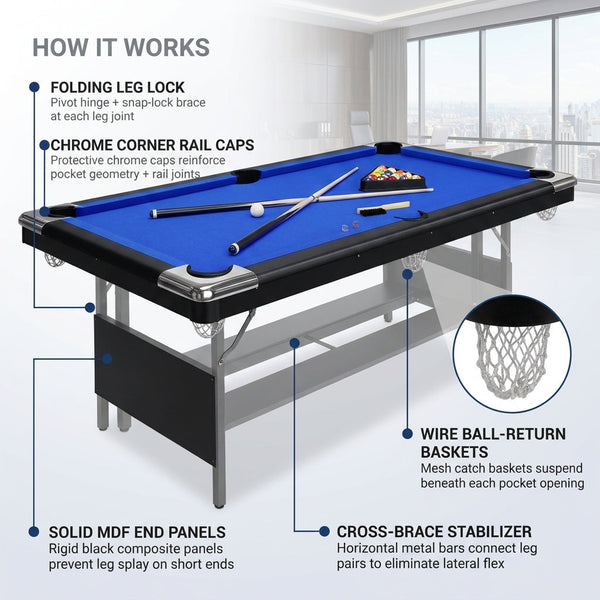 Billiards Pool Table Designed for Game Rooms, 6-7 ft Portable Frame, Full Size Playing Surface, Complete Set