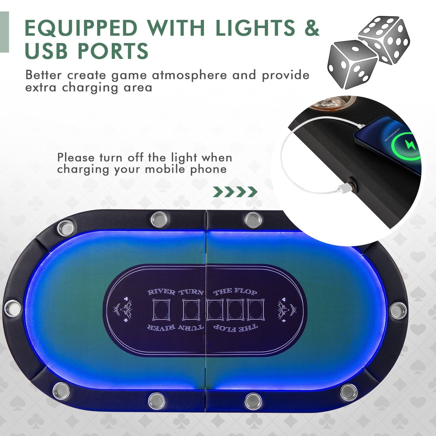 Foldable 10-Player Poker Table with LED Lights and USB Ports Ideal for Texas Casino
