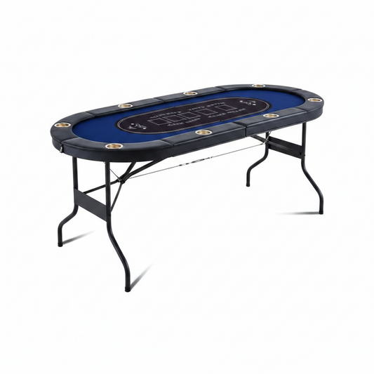 8 Player Foldable Poker Table, Blackjack Texas Holdem Poker Table with Padded Rails and Stainless Steel Cup Holders, Portable Folding Card Board Game Table, 72' Oval Casino Leisure Table, Blue